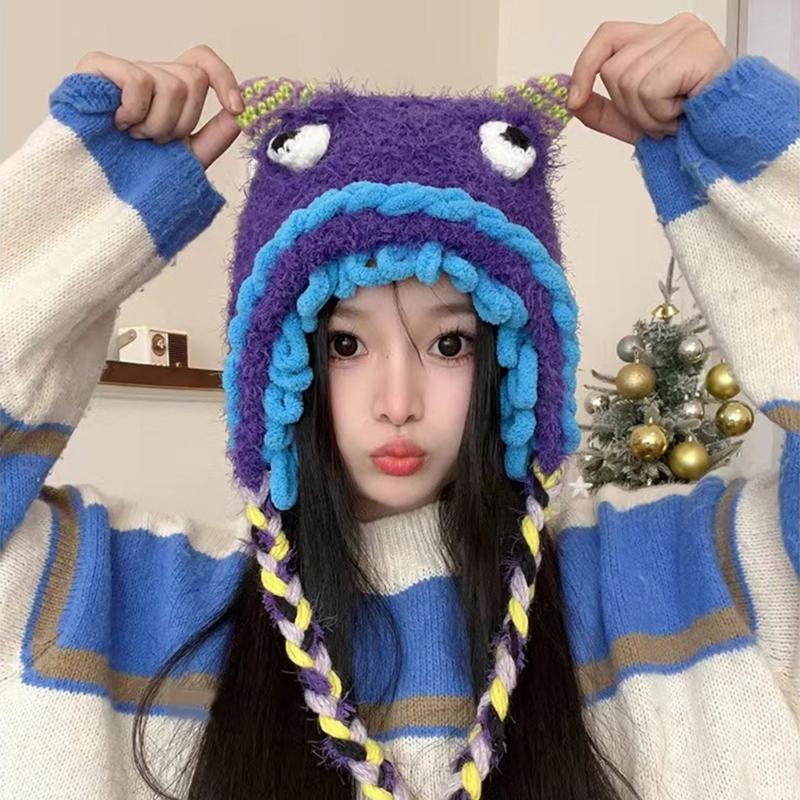 Winter Warm Plush Hat for Women Funny Monsters Hat Hooded Skull Hat Outdoor Activity Cap Windproof Headwear Pullover Hat