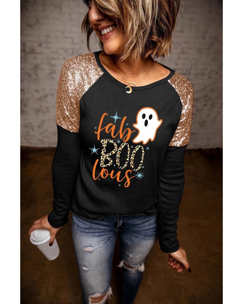 Azura Exchange Black Leopard Boo Ghost Graphic Sequin Raglan Sleeve Top