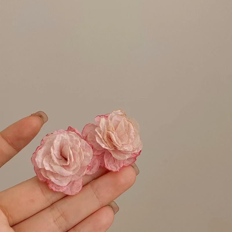 Sweet Retro Pink Chiffon Flower Stud Earrings For Women Elegant Vacation Jewelry