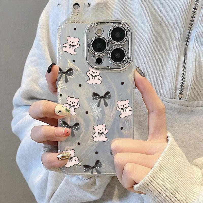 Bow Bear Suitable for Apple 16promax Mobile Phone Case Feather Iphone15 Flash Powder 13 Women's Model 14