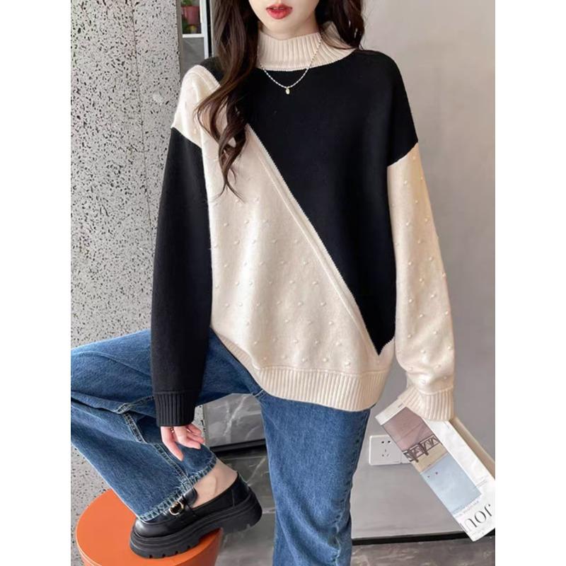 

Осенне-зимняя новая трикотажная базовая рубашка для женщин с полувысоким воротником, свободный и ленивый свитер для женщин one size fits all чёрный