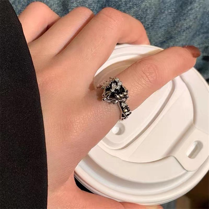 Punk Harajuku Goth Thorns Black Silver Color Irregular Heart Cross Open Ring For Women Men Lover Vintage 90s  Jewely