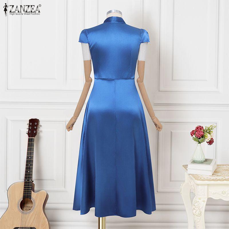 ZANZEA Women Elegant V-Neck Casual Short Sleeve Satin Dress