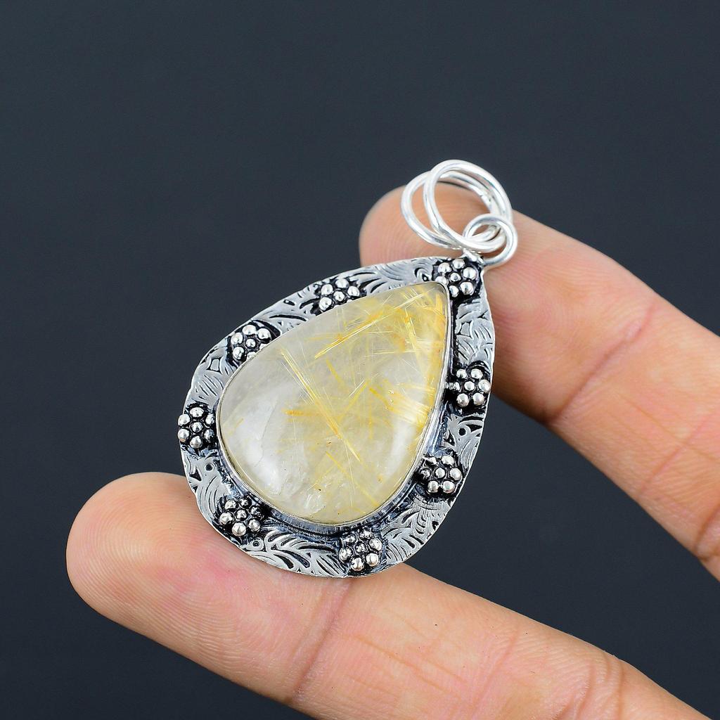 Mothers Day Deal Natural Golden Rutile 925 Sterling Silver Ethnic Wife Pendant
