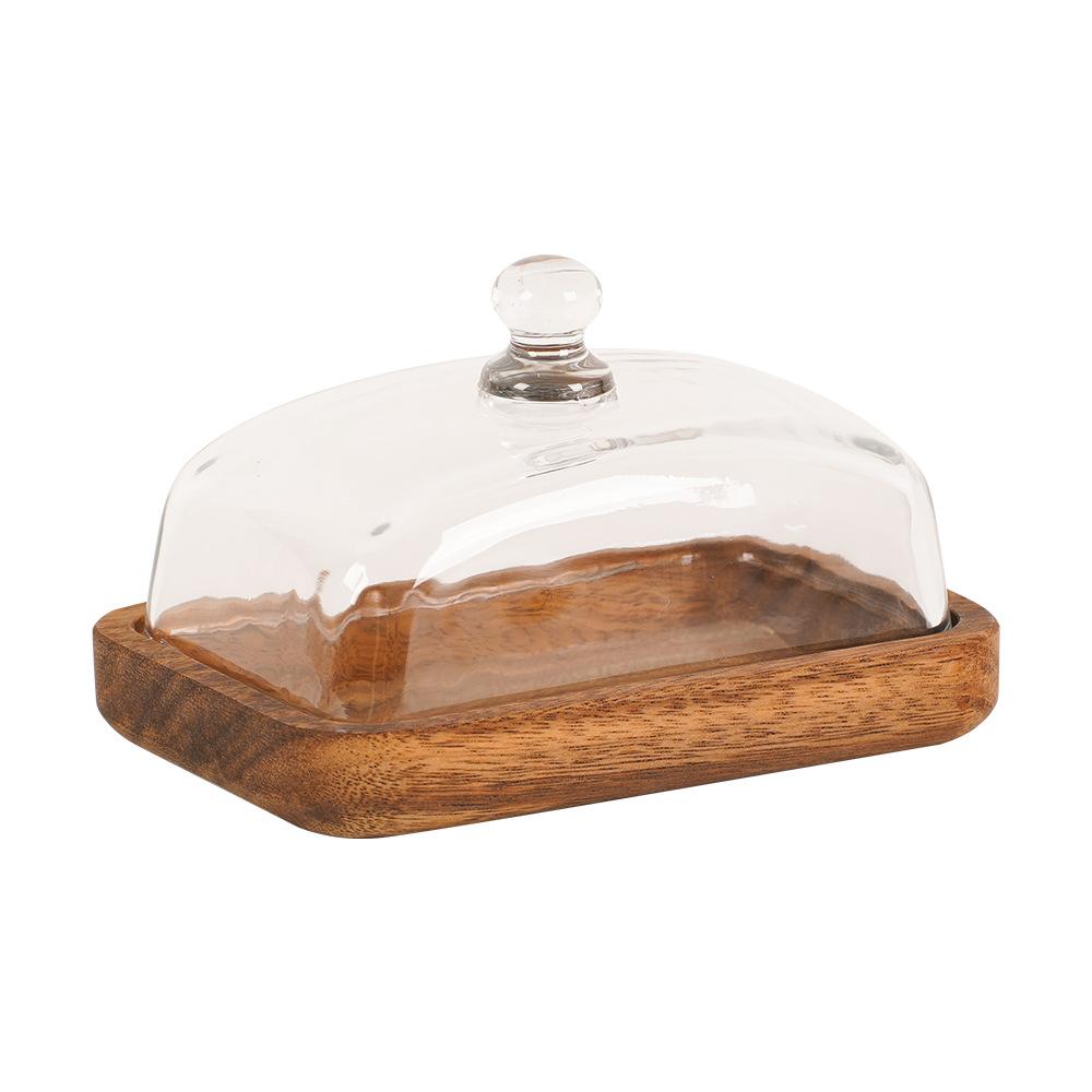 Rectangular Acacia Wood Butter Plate Glass Cover Cheese Butter Plate Snack Cake Dessert Plate Butter Box Tableware