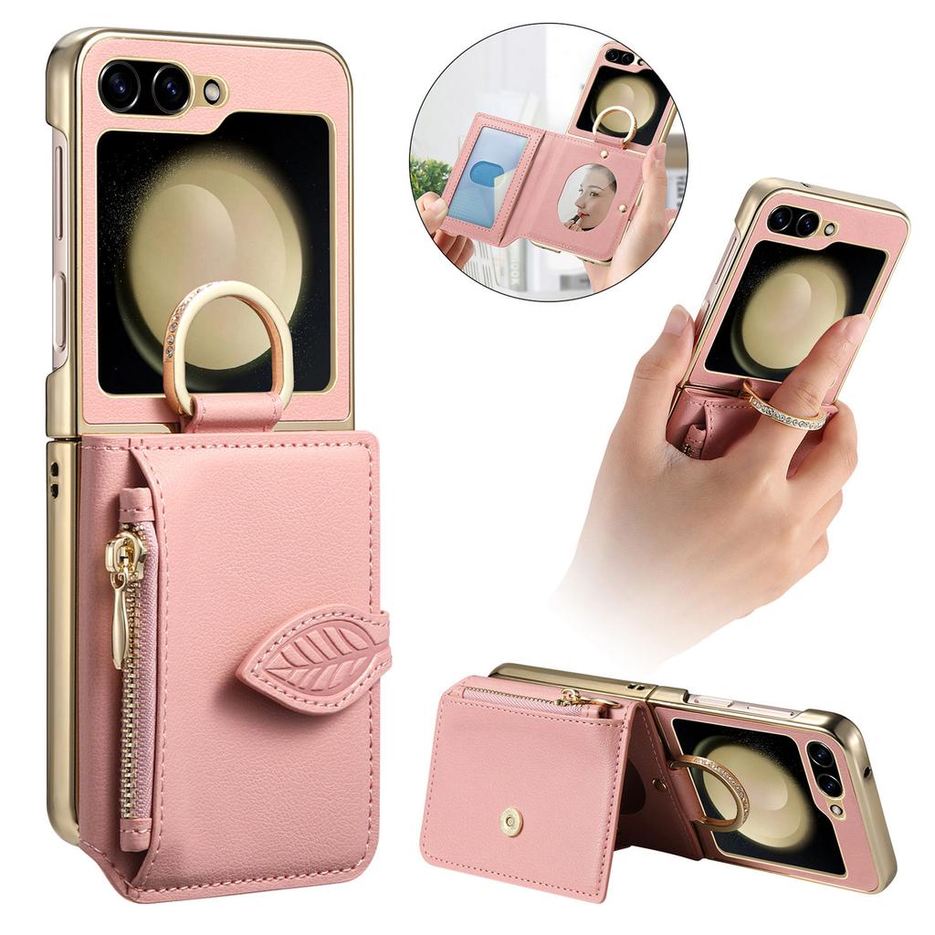 Protective Dual Layer Bumper Phone Wallet Case for Samsung Galaxy Z Flip 6 Cases with Card Holder Built-In Mirror Zipper Purse