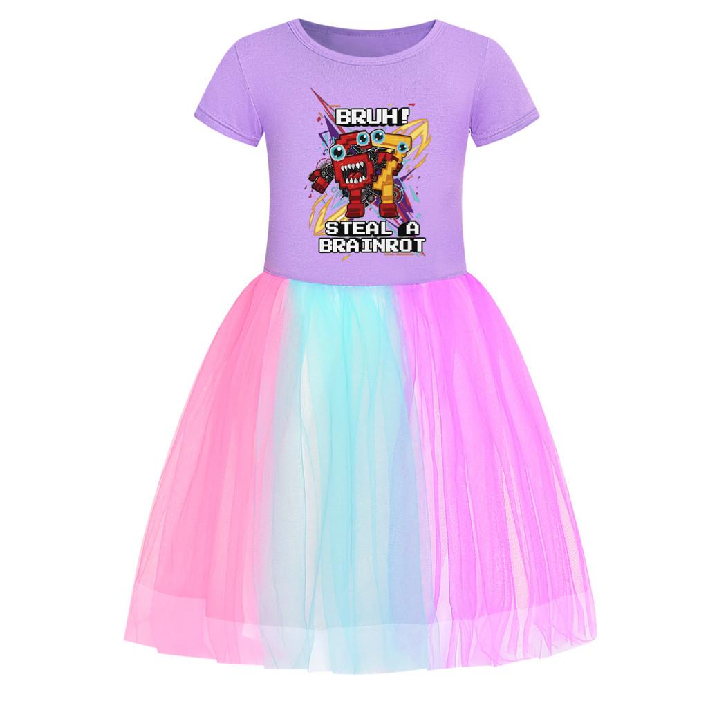 5227 Kids Girls Steal a Brainrot 67 Six Seven Print Mesh Rainbow Round Neck Casual Casual Cotton Dress