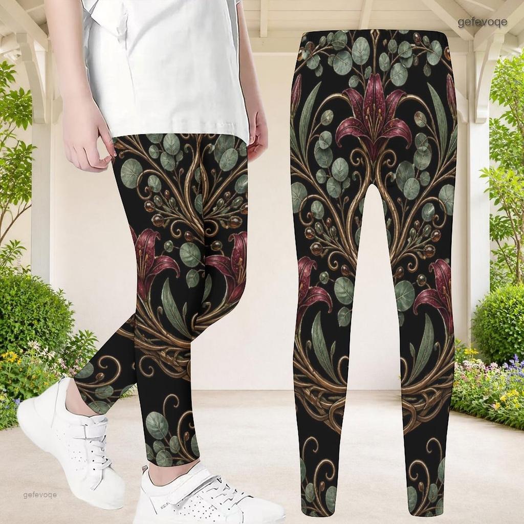 Girls Full Length Fitted Floral Printed Yoga Leggings Stretch Waist
