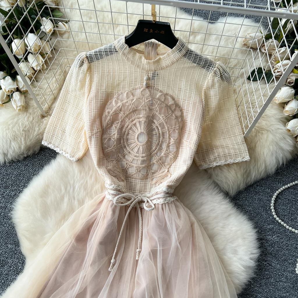 Suknia w stylu dworskim w stylu francuskim dla kobiet z okrągłym dekoltem, krótkim rękawem, sznurowaniem, sukienkami maxi, eleganckimi sukienkami w kształcie litery A