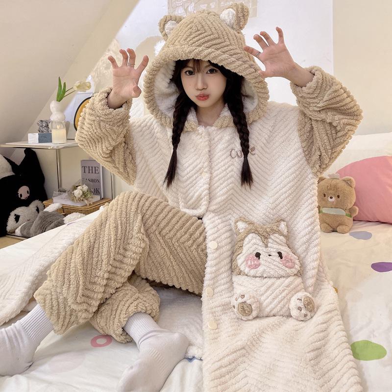 Women's Winter Plus Velvet Coral Fleece Nightgown - Cute Thick Flannel Home Wear