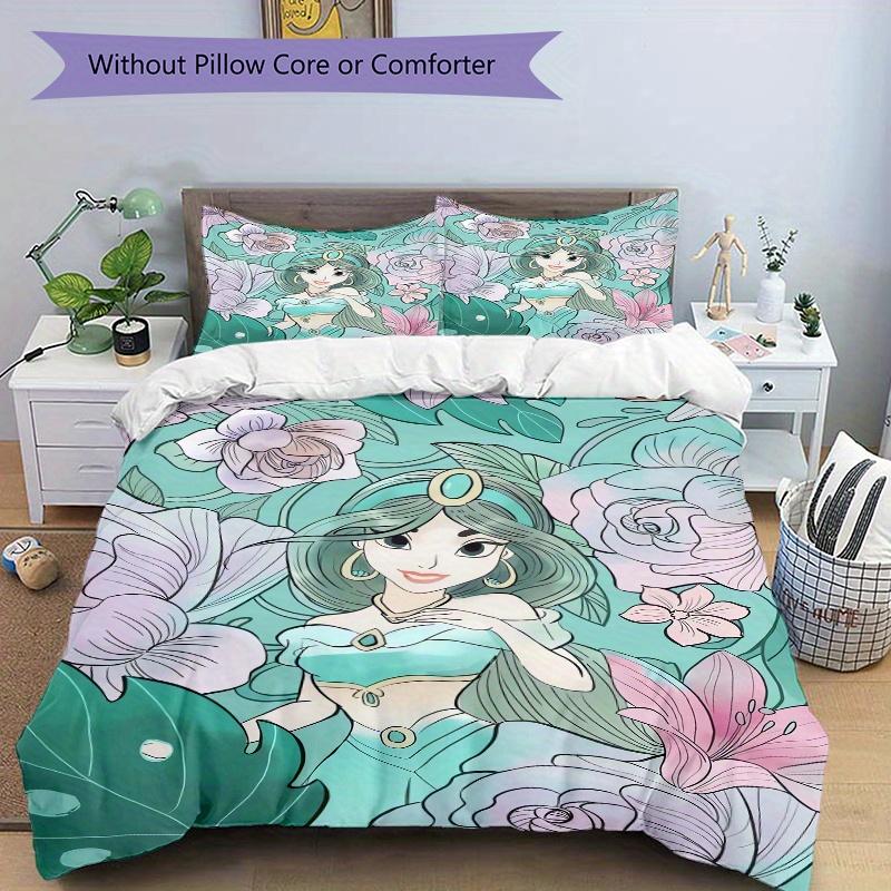 3pcs Green Princess Jasmine Printed Quilt Set Soft and Comfortable Quilt Cover for Bedroom, Guest Room Bedding Set B058