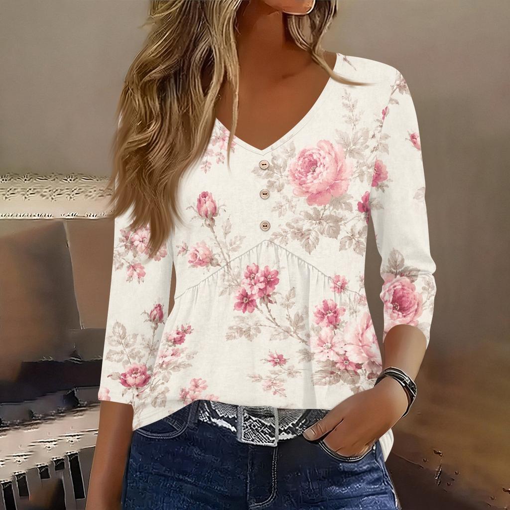 Womens 3/4 Sleeve V Neck Button Detail Floral Print Tunic Top Casual Loose Fit Lightweight Blouse
