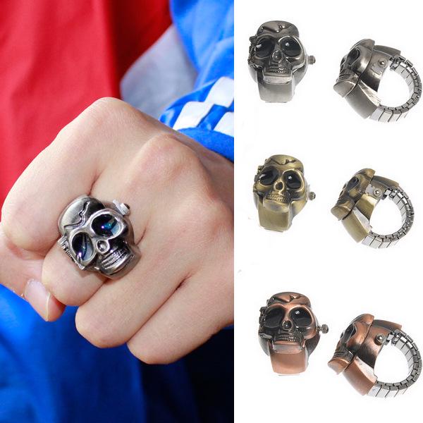 Men's Gothic Antique Silver/Bronze Skull Ring Watch with Ghost Head Design