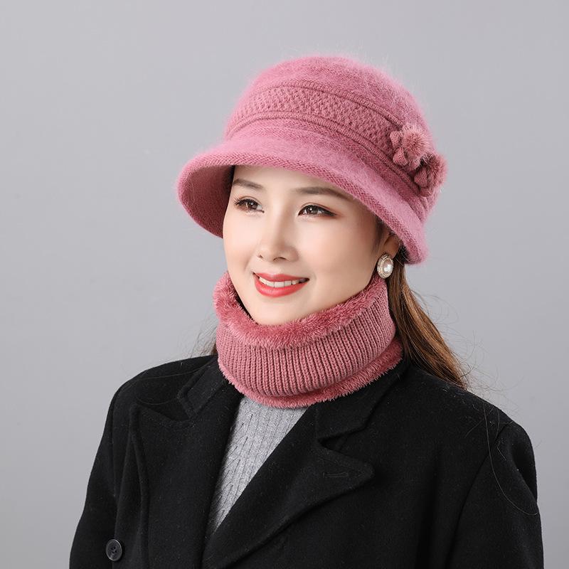 Warm Rabbit Fur Hat for Middle Aged and Elderly Mothers Autumn and Winter Women's Scarf Two Piece Set Old Lady's Winter Basin Hat