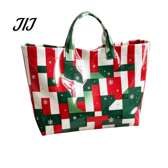 Christmas Theme Travel Bag PVC Tote for Women, Waterproof Spacious Plastic Handbag, Holiday Seasonal Handbag Large Top Handle Shopping, Beach, Travel,