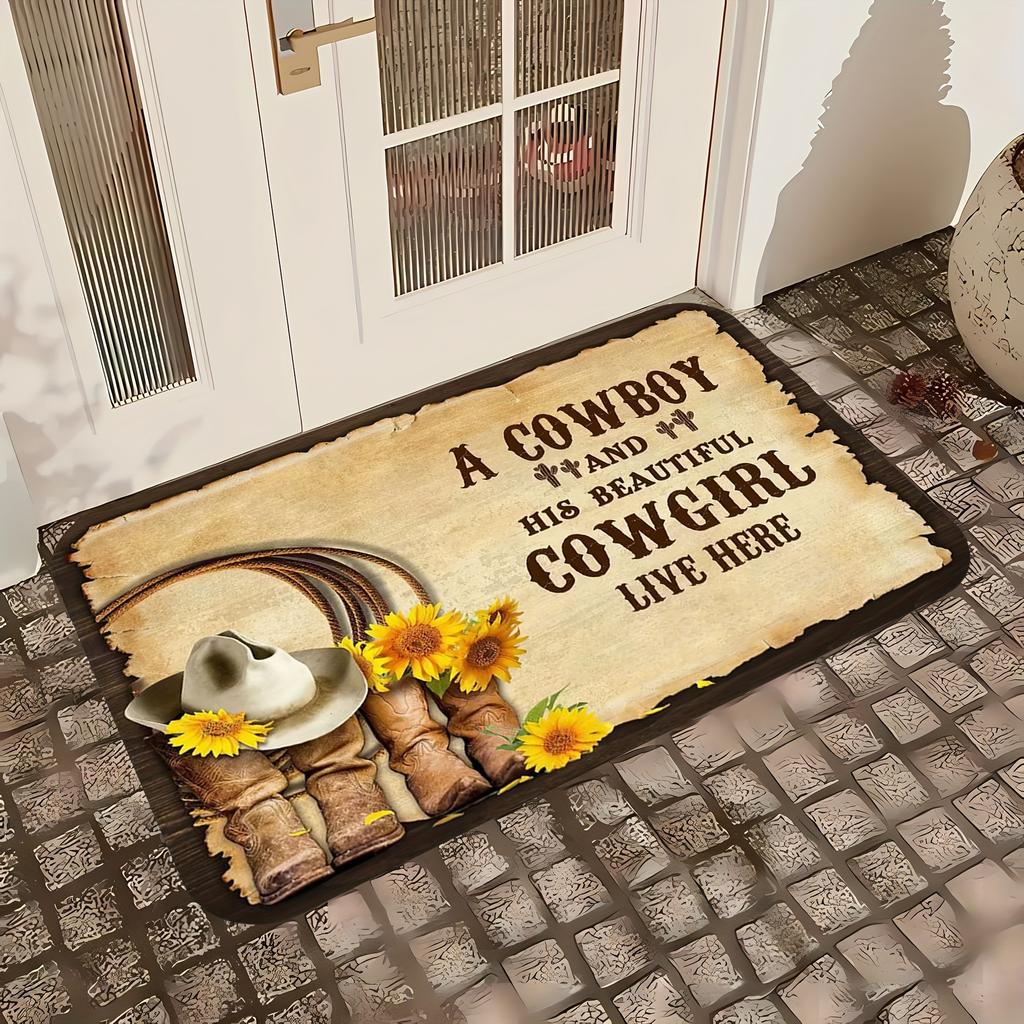 Western Cowboy Pattern Welcome Doormat Area Mat - Machine Washable, High Quality Flannel - Suitable for Living Room, Bedroom