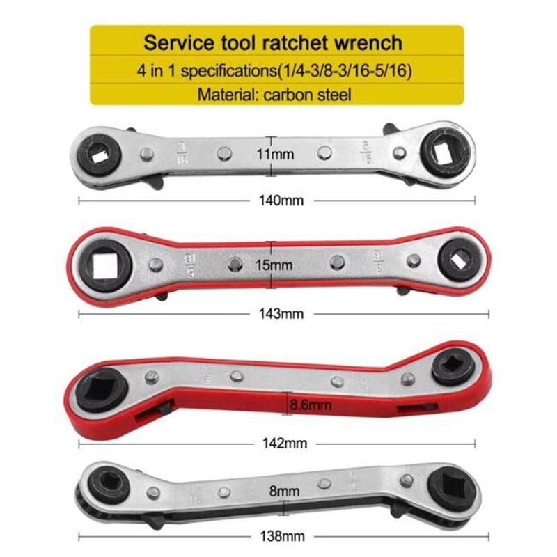 Refrigeration Ratchet Wrench Conditioning Service Wrench 4 Different Sizes 1/4 X 3/16 Square X 3/8 X 5/16 Square