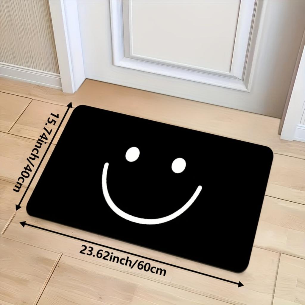 2D Flat Simple Smile Face Black Flannel Door Mat Non Slip Happy Entryway Rug for Kitchen Bathroom Home Decor