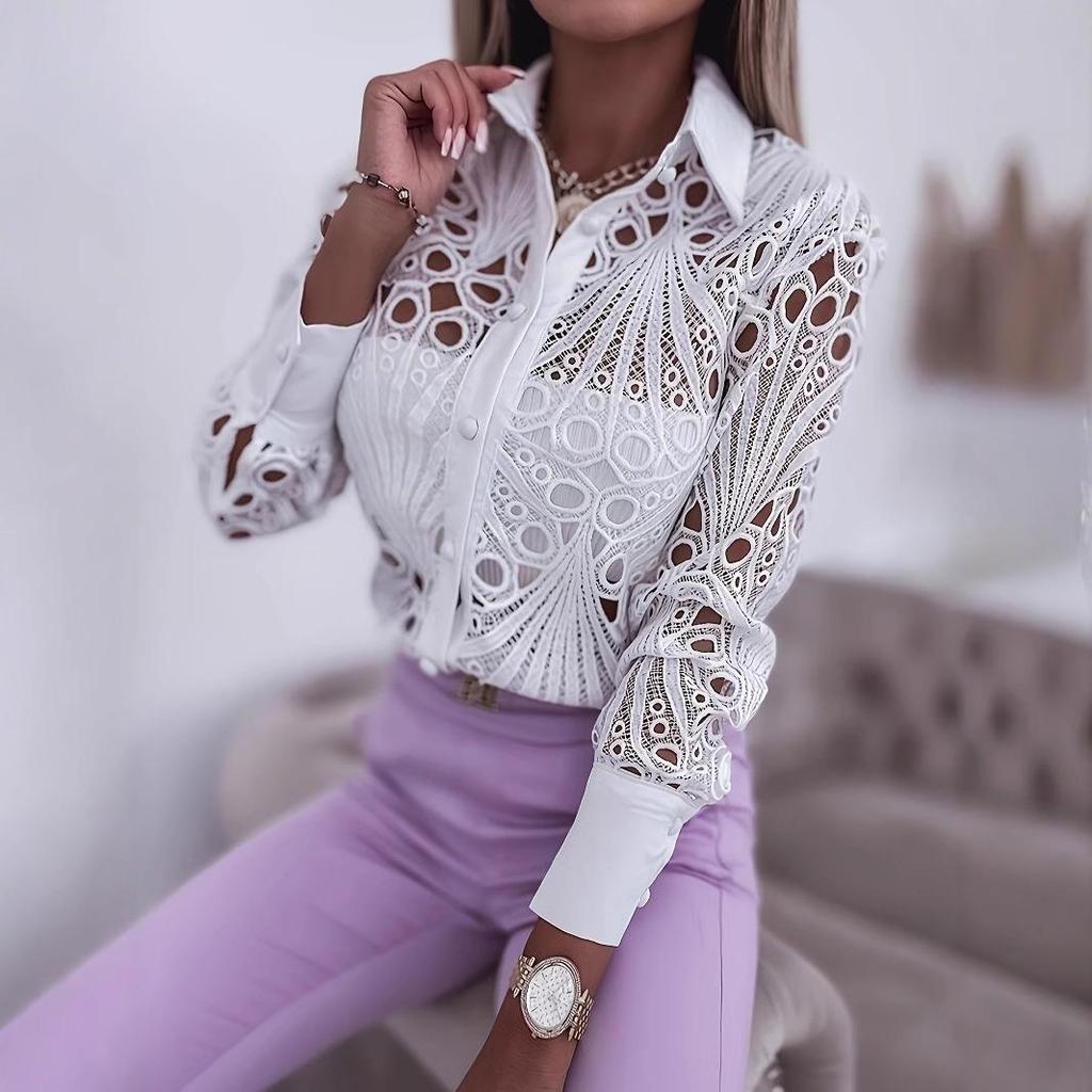 2024 Vielseitiges Damen-Spitzen-Hollow-Langarmshirt für Frühling & Herbst