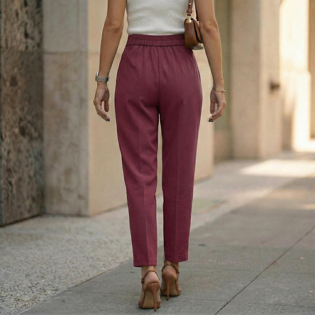 Women's Fashionable Color Casual Trousers With Pockets, Straight Leg, Cropped Suit Trousers