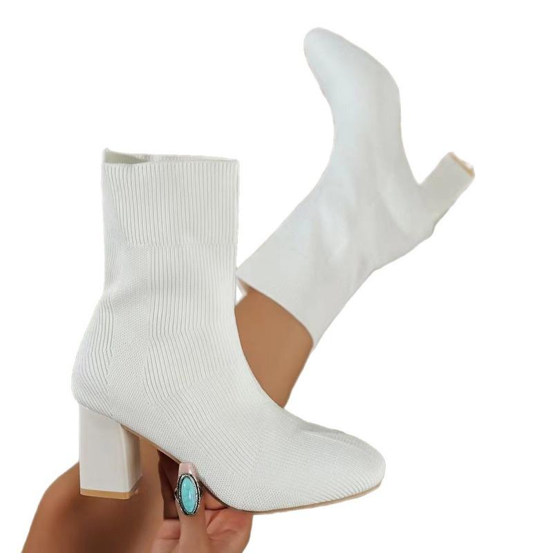 Elastic boots new autumn and winter pointed head fly-woven large size women's boots thick high heel medium tube thin socks boots