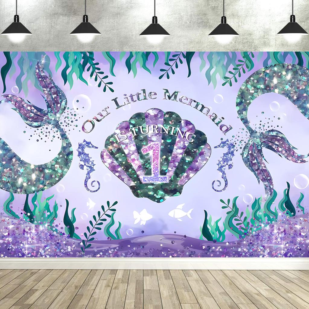 Mermaid Birthday Backdrop Under The Sea Birthday Party Decoration for Girl Purple Glitter  Mermaid Tails Photography Background