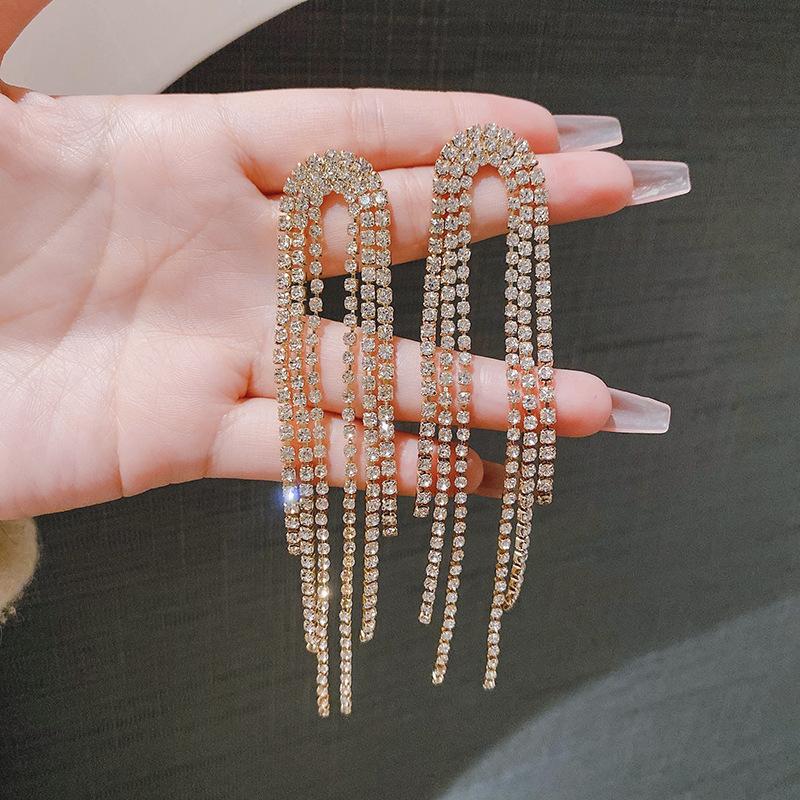 

Silver Needle Exaggerated with Full Diamond Tassels As Earrings for Women, Long-style Ear Studs, Ear Ornaments золотой