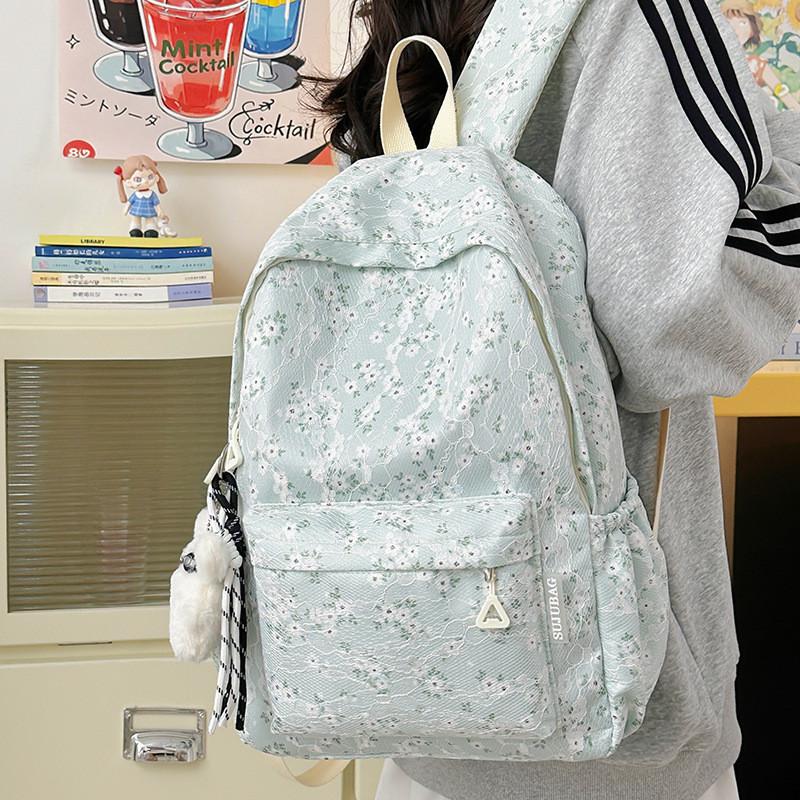 Floral Cute Pattern And Lace Design Student Backpack With Plush Pendant For Girl