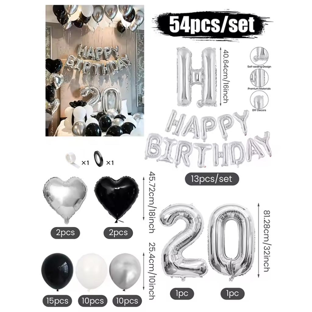 30/54pcs Black and White Balloons, Silver Banner Balloons Suitable for Birthday Decoration and Holiday Decoration