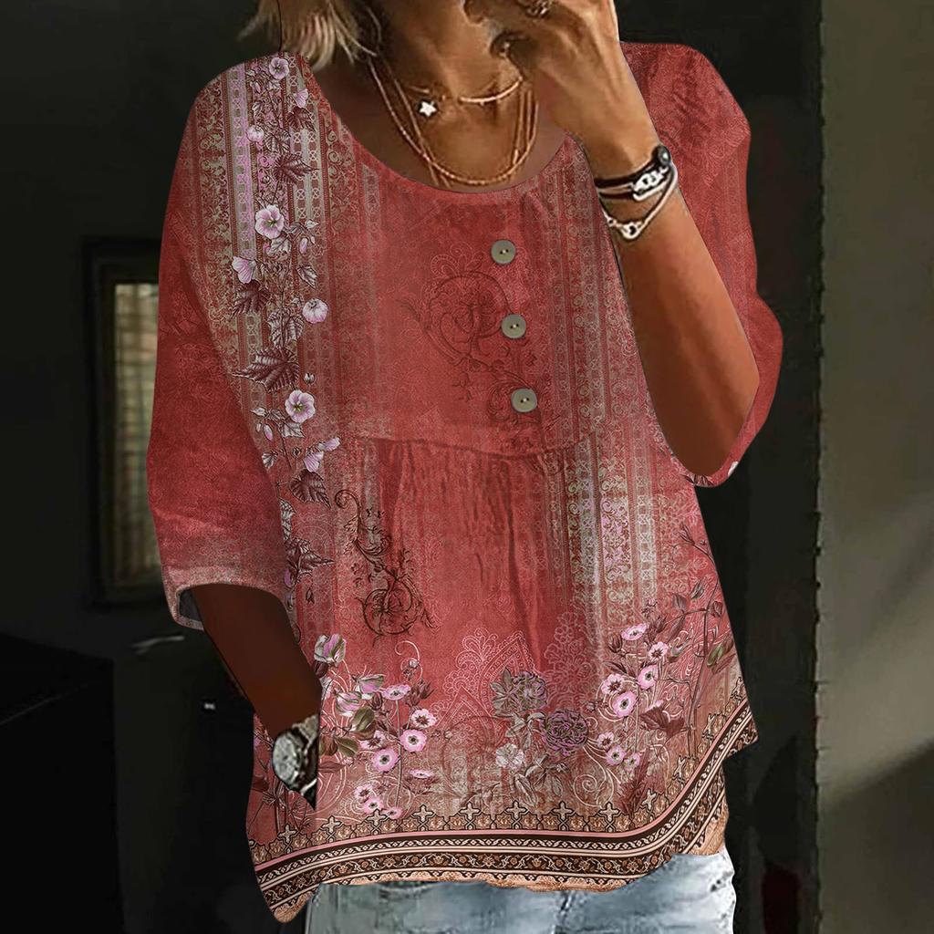 Women's Casual Fashion Three-quarter Sleeve Loose Round Neck Button Retro Print Top