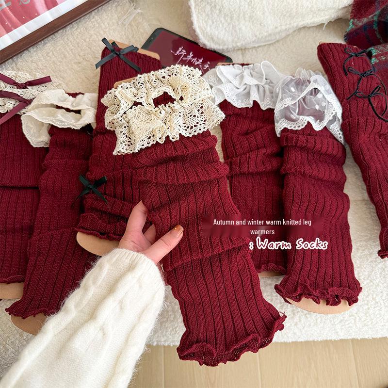 Angora Red Lolita Lace Calf Socks for Women - Korean Style Autumn/Winter Ballet Leg Warmers, Perfect for New Year and Christmas.