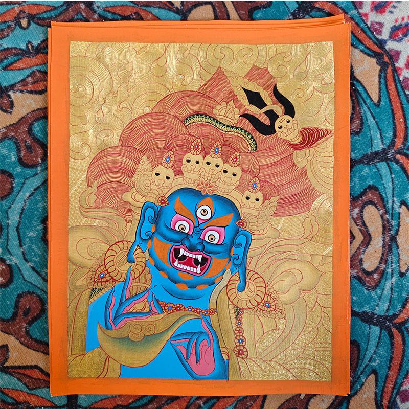 Hand-Painted Nepalese Buddha Thangka: Manjushri, Yellow Jambhala, Thousand-Armed Avalokiteshvara, Mahakala, Zhakilaamu Wall Hanging