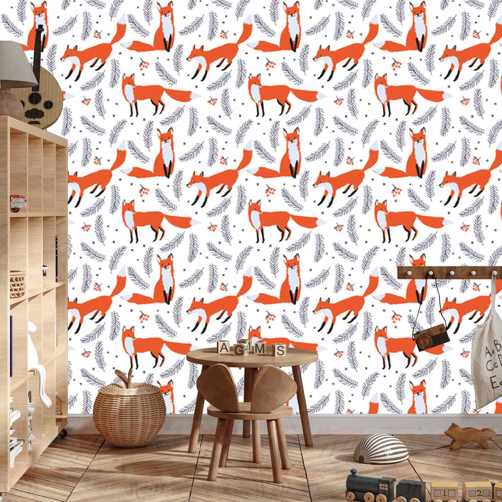 Foxes with berries wallpaper for living room and bedroom 50x1000