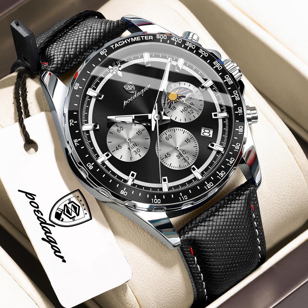 POEDAGAR Fashion Men's Watches High Quality Luminous Waterproof Male Wristwatch Leather Chronograph Date Sports Quartz Clock
