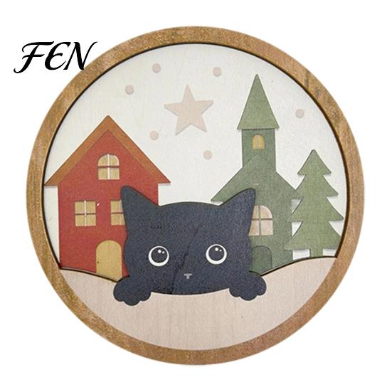 Holiday Gift Ideas Christmas Black Cat Wall Decor, Layered Wooden Hanging Sign, Round 2D Modern Home Art Flat Decoration for Living Room Bedroom