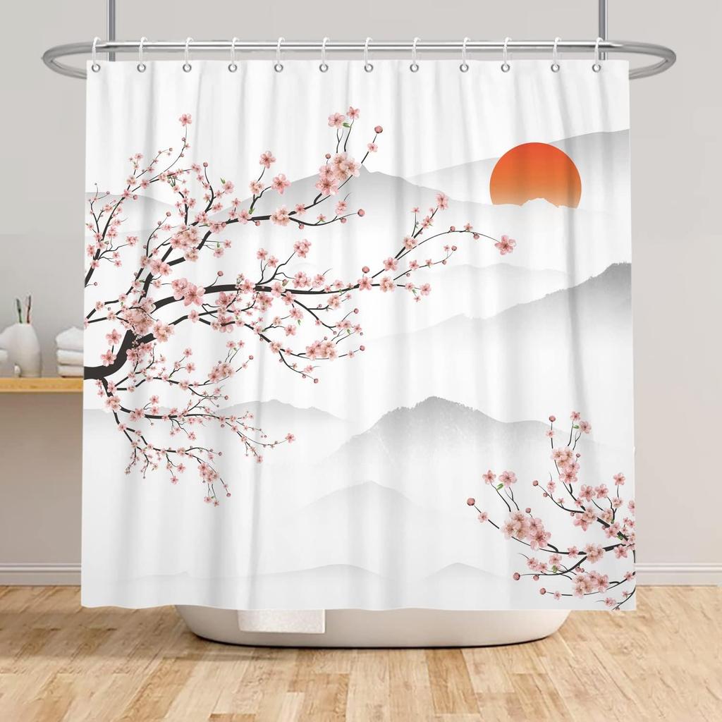 Japan Mount Fuji Körsbärsblom Solnedgång Duschdraperi Bläck Landskap Vågmålning Duschdraperi Badrum Tyg Dekoration