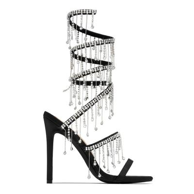 Fashion 2024 Black Gold Wrap Rhinestone Pendant Sandals Woman Summer 11cm High Heel Crystal Chain Wedding Banquet Women Shoes Size 42