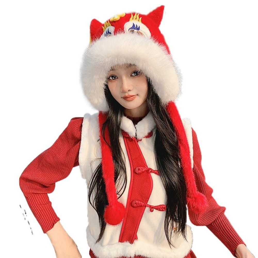 Lace Up New Year Pullover Cap Ear Muffs Scarf Gloves Hat Winter Plush Warm Hat New Year Gift