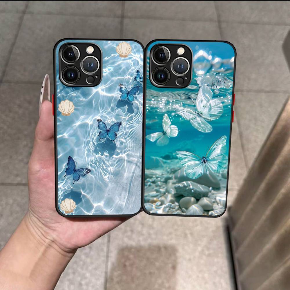 Blue Butterfly Ocean Waves Shockproof Matte Phone Case For IPhone 16 15 14 13 12 11 Pro Max X XR XS MAX Mini