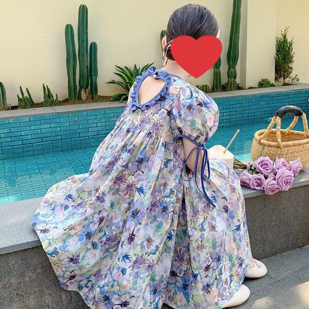 Girls Korean Floral Puff Sleeve Backless Princess Dress Summer Fashionable Children Clothing