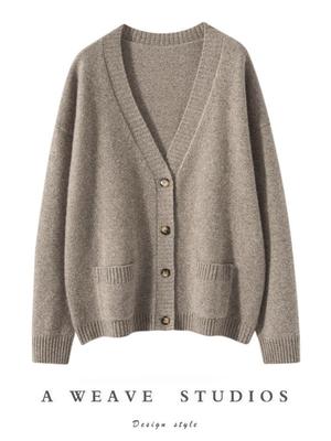 Women's Minimalist V-Neck Cashmere Cardigan - Buttoned, Thick, Wool Sweater Coat