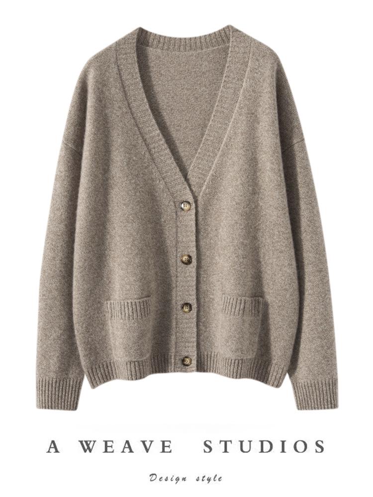 Women's Minimalist V-Neck Cashmere Cardigan - Buttoned, Thick, Wool Sweater Coat