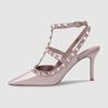 Fashion Beige High Heels Comfortable High-Heeled Shoes Roman Style Slip On Navy Blue Pumps All-Match Rivets Patent Leather Sandals Ladie