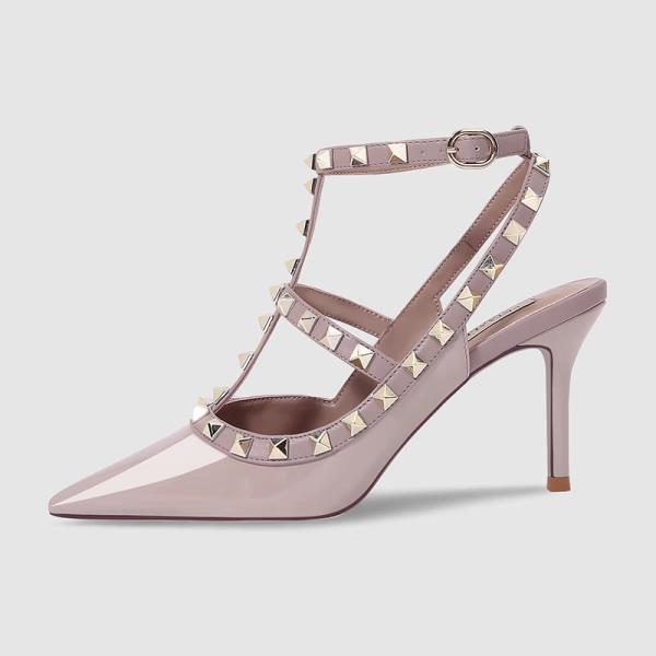 Fashion Beige High Heels Comfortable High-Heeled Shoes Roman Style Slip On Navy Blue Pumps All-Match Rivets Patent Leather Sandals Ladie