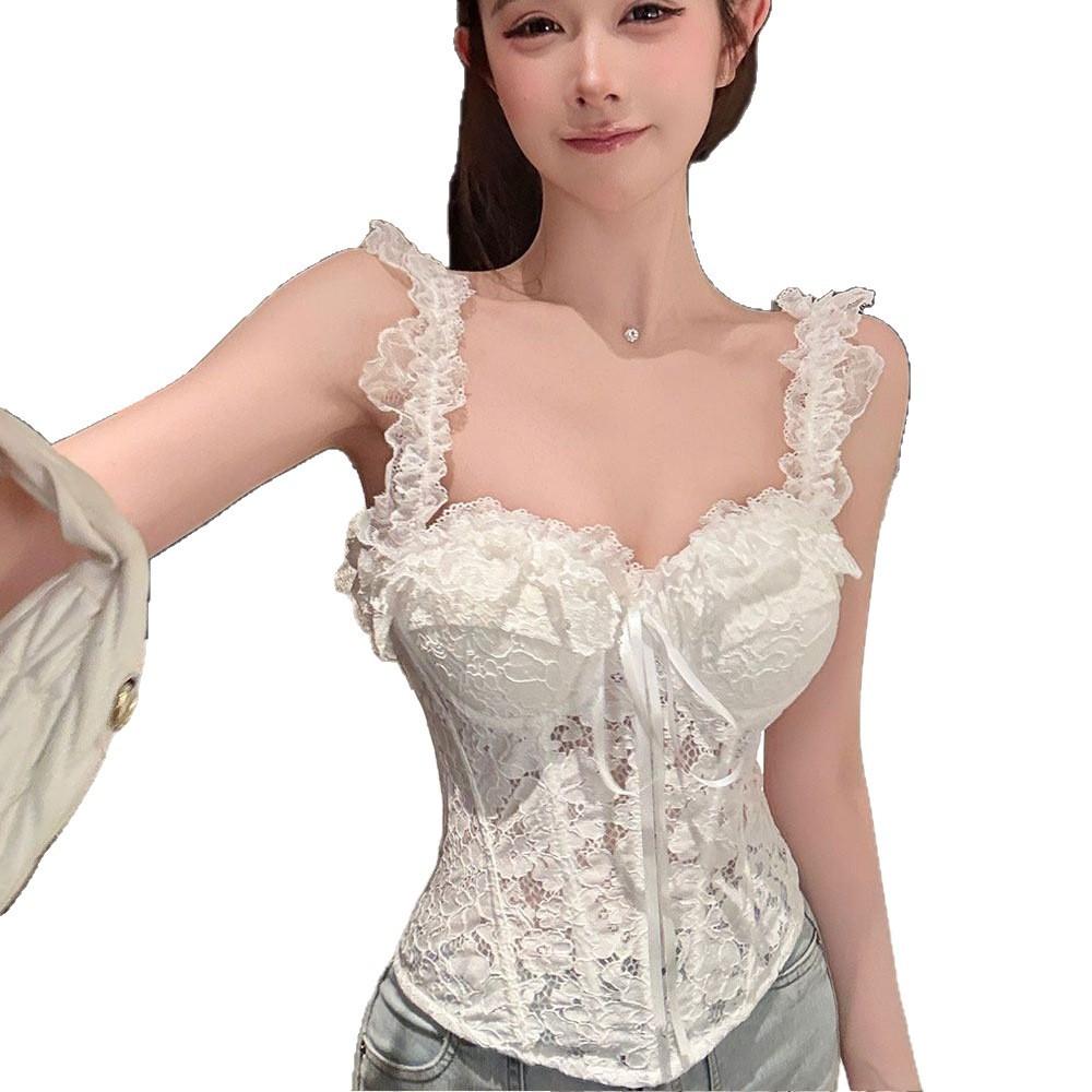 One-word shoulder lace fishbone bra with chest pad, summer new sexy lace-up sleeveless back zipper back top