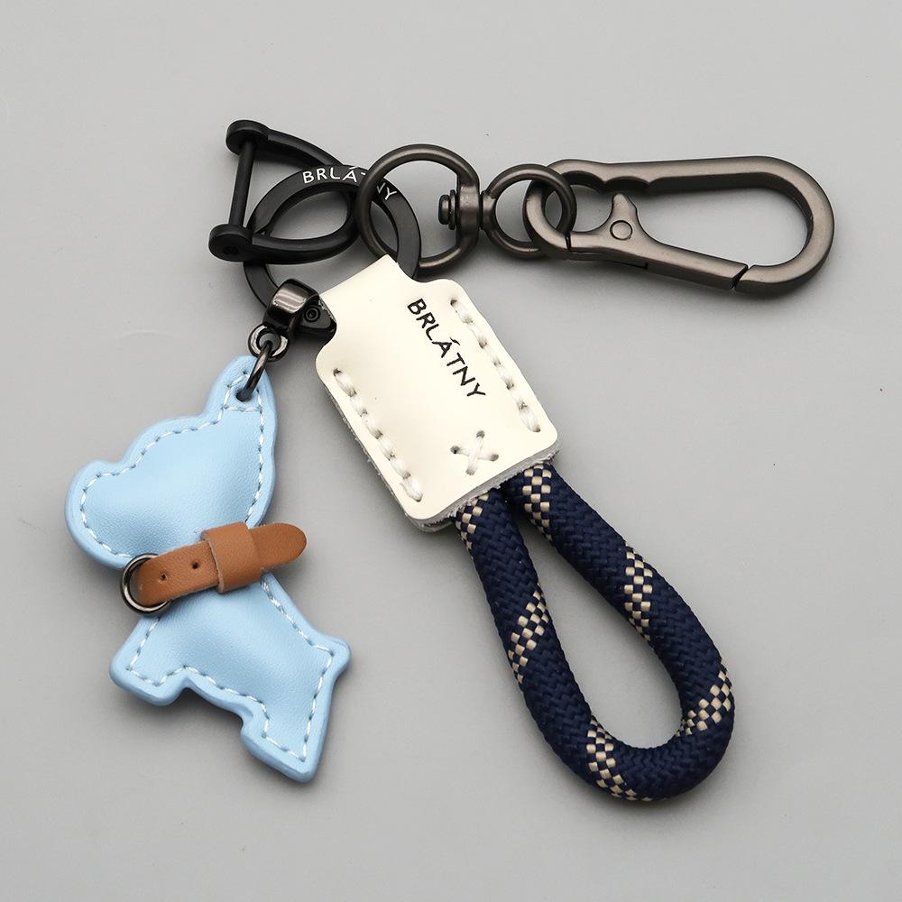 Handmade French Bulldog Genuine Leather Keychain with Anti-Lost Woven Rope Lanyard.