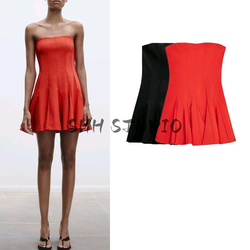 Spring New Women's Clothing off-Shoulder Collar Tube Top Wavy Style Wide off-Shoulder Straight Collar Short Dress 2160777