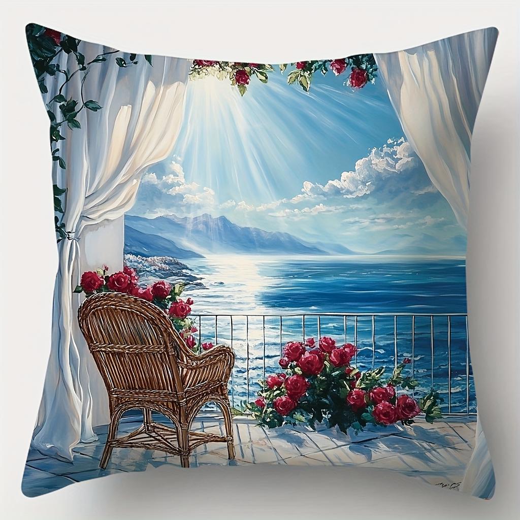 4-Piece Printed Pillowcase Set – Dreamy Sea View Balcony with Blooming Roses, Distant Mountains & Cozy Dining Table