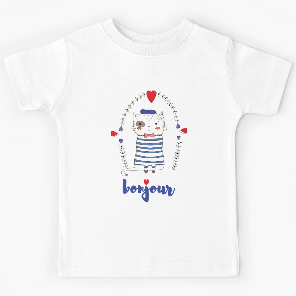 cute french cat wearing a beret, saying bonjour Kids T-Shirt 150