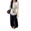 2025 New Arrival Women's White Lace Trim Long-Sleeve T-Shirt, Korean Slim Fit for Spring/Autumn
